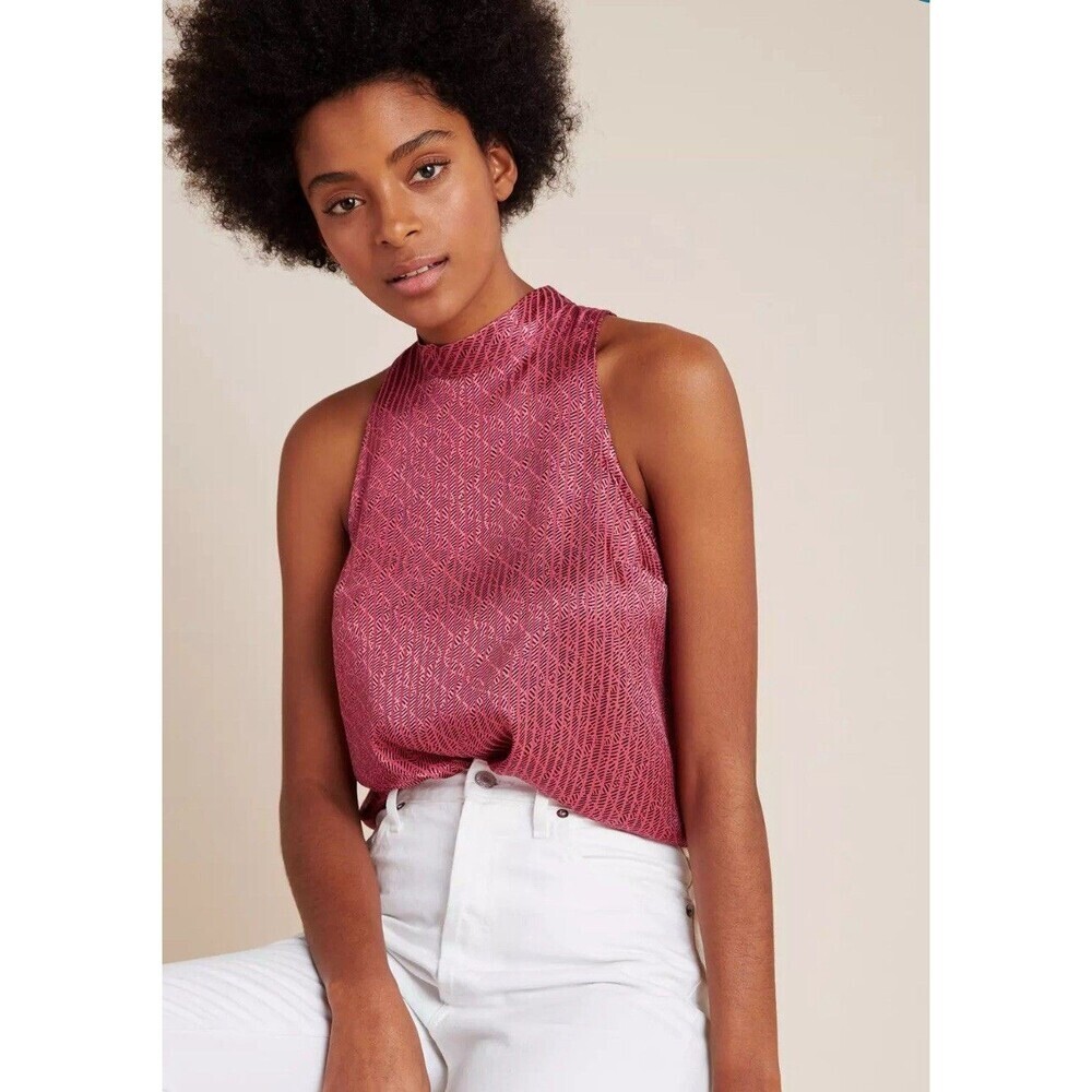 Anthropologie Maeve High Neck Tank Size M Pink Geometric Satin Tie Bow